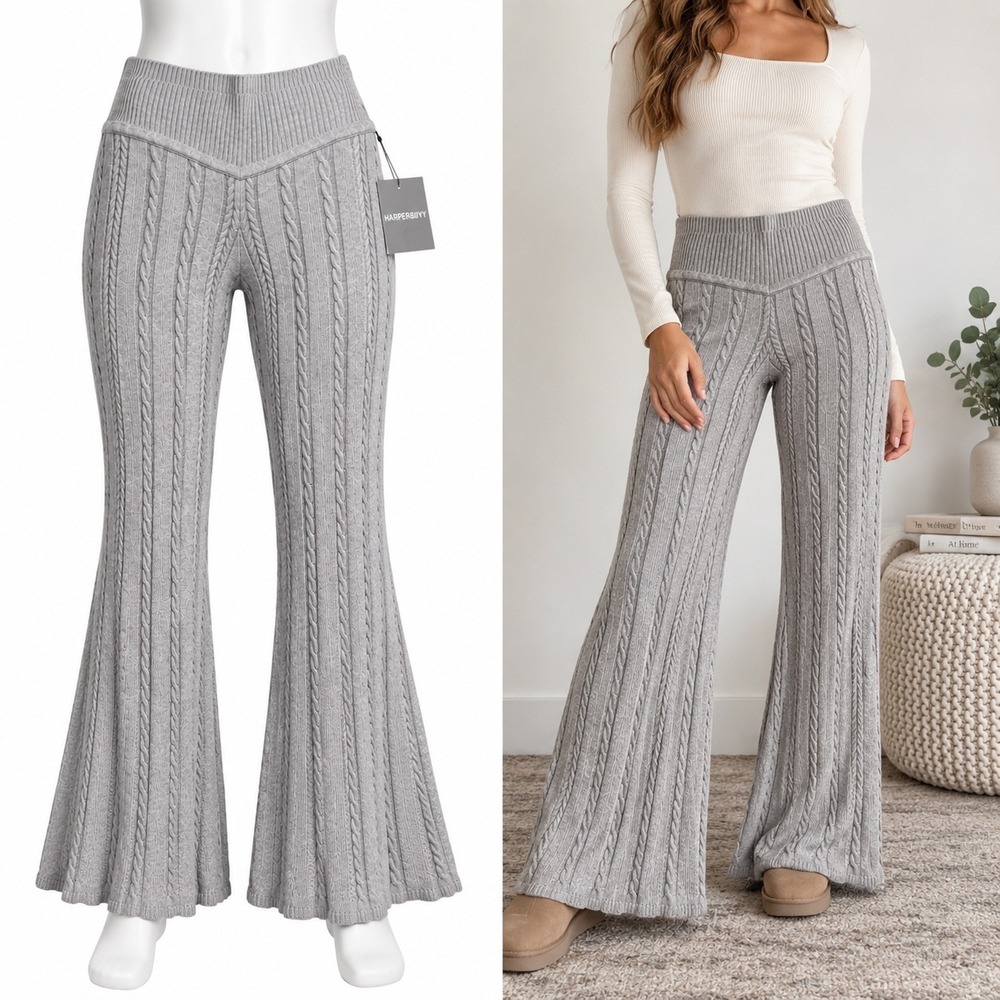 Harper & Ivy Flare Pants Women XL Gray Cable Knit High Rise Wide Leg Cozycore